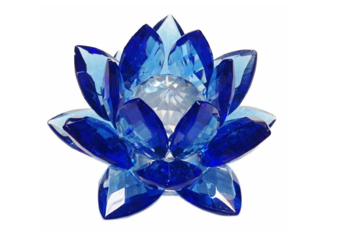 Amlong Crystal 3 inch Sapphire Blue Crystal Lotus Flower Feng Shui Hom