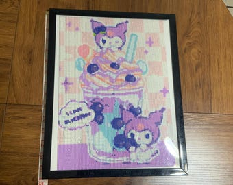 Hello Kitty two kuromi Sanrio with berry parfait dessert, diamond wall art frame, diamond dotz beads Kitty fan gift made entire shiny beads
