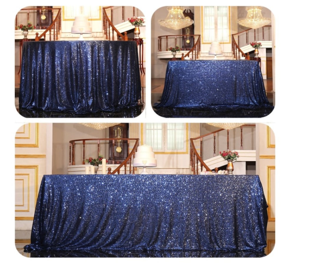 Navy Blue Sequin Wedding Tablecloth 60 by 120 Inch Rectangular Polyester Cloth, Shiny Blue ...