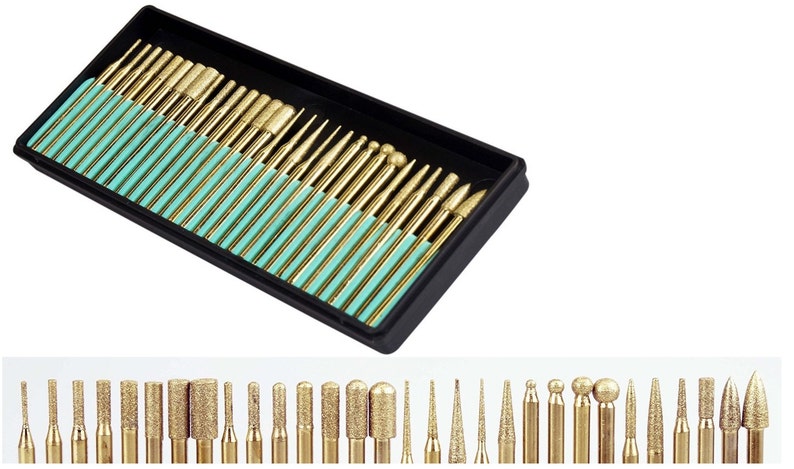 30 Piece Set of Titanium Coated Diamond Burrs Grits 120-150, Rotary Tool For Many Hobbies Such As Glass, Ceramics, Metalwork Or Hard Surface image 1