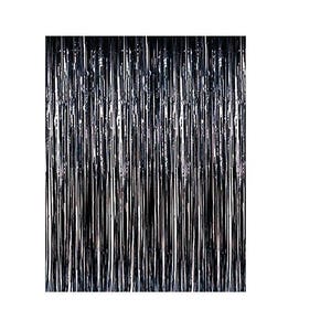 May include: Black and silver metallic foil fringe curtain. The curtain is made of thin strips of foil that hang down in a cascade. It is a popular decoration for parties and events.