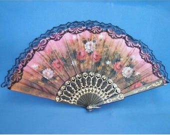 Vintage Black Slab Spanish Hand Fan with Red and white Roses Elegant Fan Gift for gift birthday, Spanish style rose for party event or bday