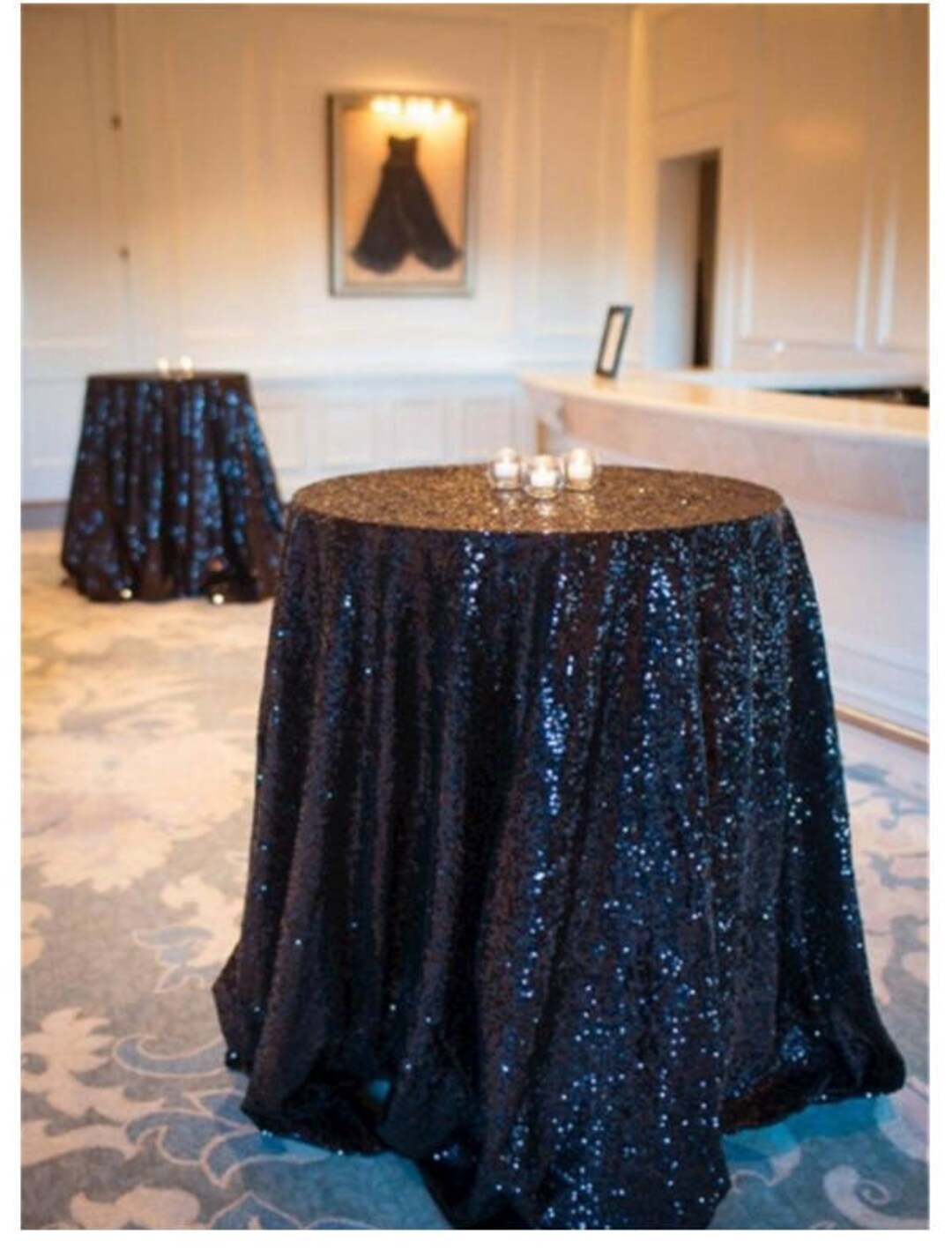 Black Sequin Wedding Tablecloth 72 Inch Round Polyester Sequin Cloth