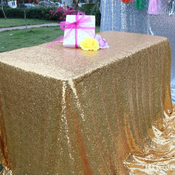 Gold Sequin Wedding Tablecloth 60 By 102 Inch Rectangular Polyester Sequin Cloth, Shiny Sequin Quality Tablecloth For Special Event Or Party