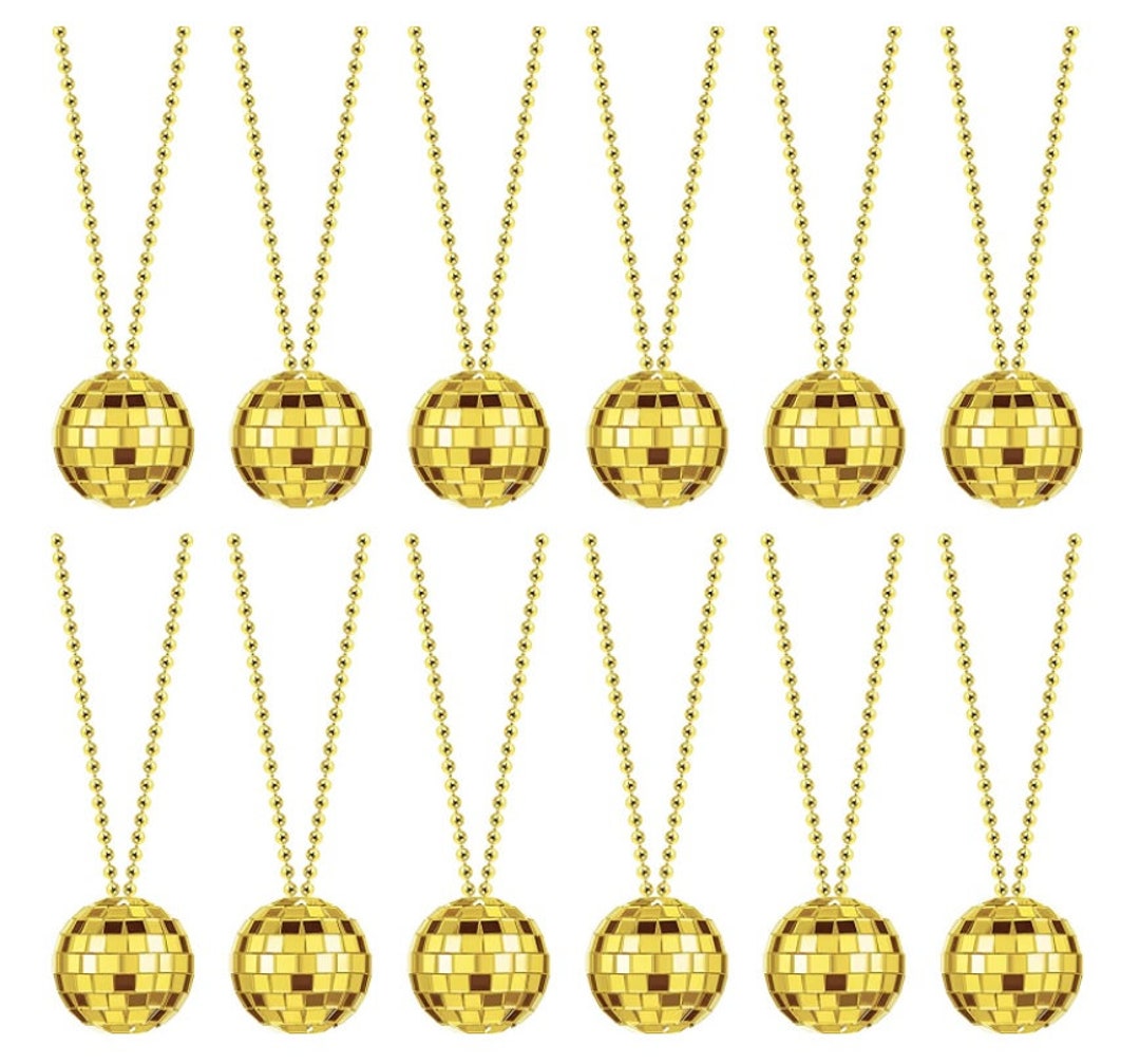 Gold Mirror Ball Disco Necklaces 12 Count, Fun Party Favor Disco Ball Necklaces for Kids or