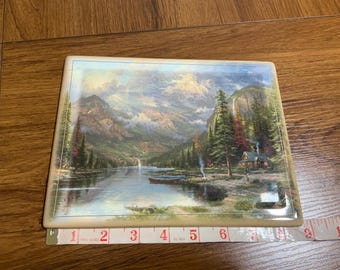 Vintage 2002 Thomas Kinkade Mountain Majesty perfect escapes, ceramic wall art, holiday Christmas or winter plate, Discontinued plate gift