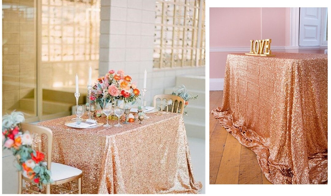 Rose Gold Sequin Wedding Tablecloth 60 by 120 Inch Rectangular Polyester Cloth, Shiny Gold ...