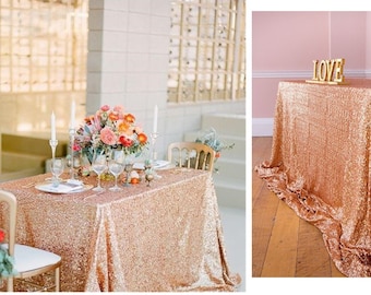 Rose Gold Sequin Wedding Tablecloth 60 By 120 Inch Rectangular Polyester Cloth, Shiny Gold Sequin Quality cloth For Special Events Or Party