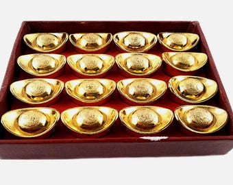 Vintage Feng Shui shiny Gold Ingot Yuan Bao chinese ancient money Wealth Luck 16 mini bars, special events or Home decoration, prosperity
