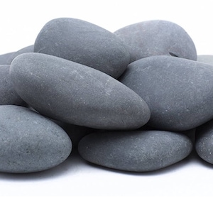 May include: A pile of smooth, gray river rocks. The rocks are various sizes and shapes, and they are arranged in a loose pile.