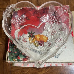 Vintage Mikasa Crystal 1990 Poinsettia red Heart Shape Christmas serving plate, Discontinued Rare Crystal Platter, New Mikasa Vintage plate
