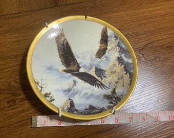Vintage 1993 eagle commencement collector 22k gold plate, soaring the skies, save eagle porcelain gift, porcelain eagle home or office decor