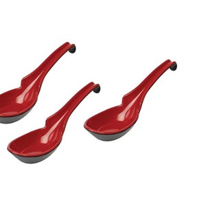 Red and Black Color Soup Spoons 3 Count, For Chinese Wonton Eating Or Japanese Rice Spoons, Oriental Style Spoons For Asian Pho Or Soup Bowl