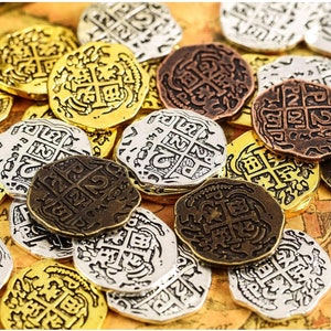 Metal Pirate Treasure Coins 35 Assorted 4 Colors Doubloon Replica 1&quot;, For Pirate Treasure Hunts Or Crafting Projects, Stage Prop Or Party