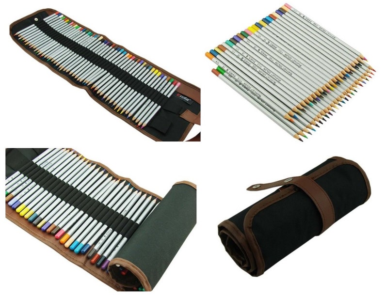 May include: A set of 72 colored pencils in a black canvas roll-up case with brown leather accents. The pencils are silver with colored tips and the case has a leather strap.