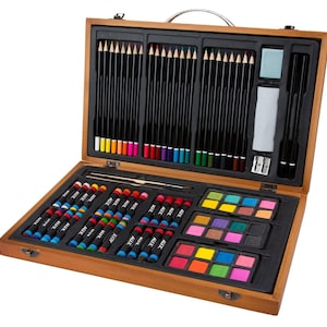 Niños estudio portátil esencial fuente de arte con madera, estuche para el joven artista dirigi├⌐ndolo, suministros de arte colorido en estuche de viaje