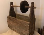 Antique French Wood Carrier Basket Wood Box Strip Pine Industrial Carrier Primitive Industrial Spindle