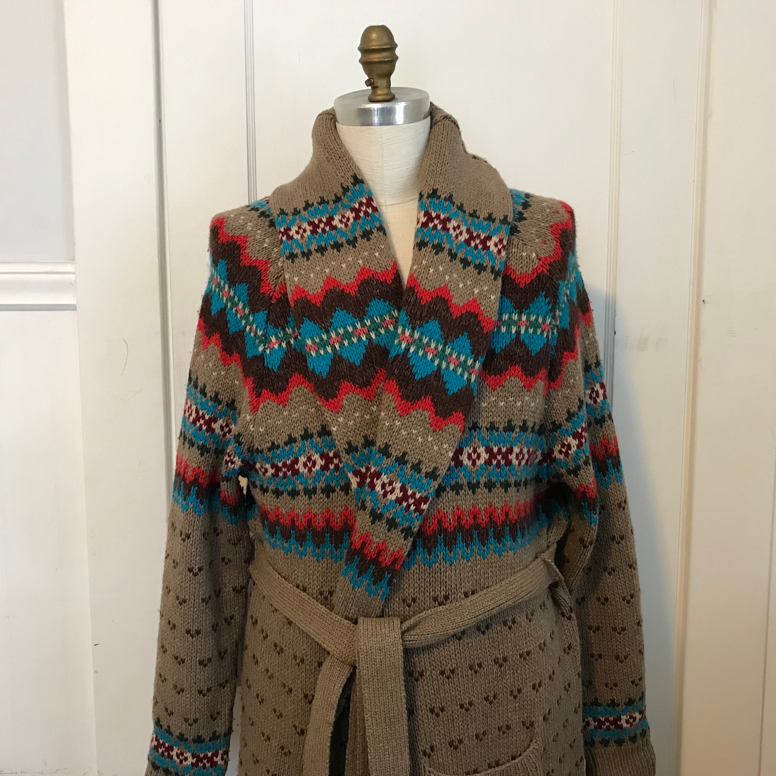 Ralph Lauren Sweater Hand Knit Cardigan Shawl Fairisle Indian 