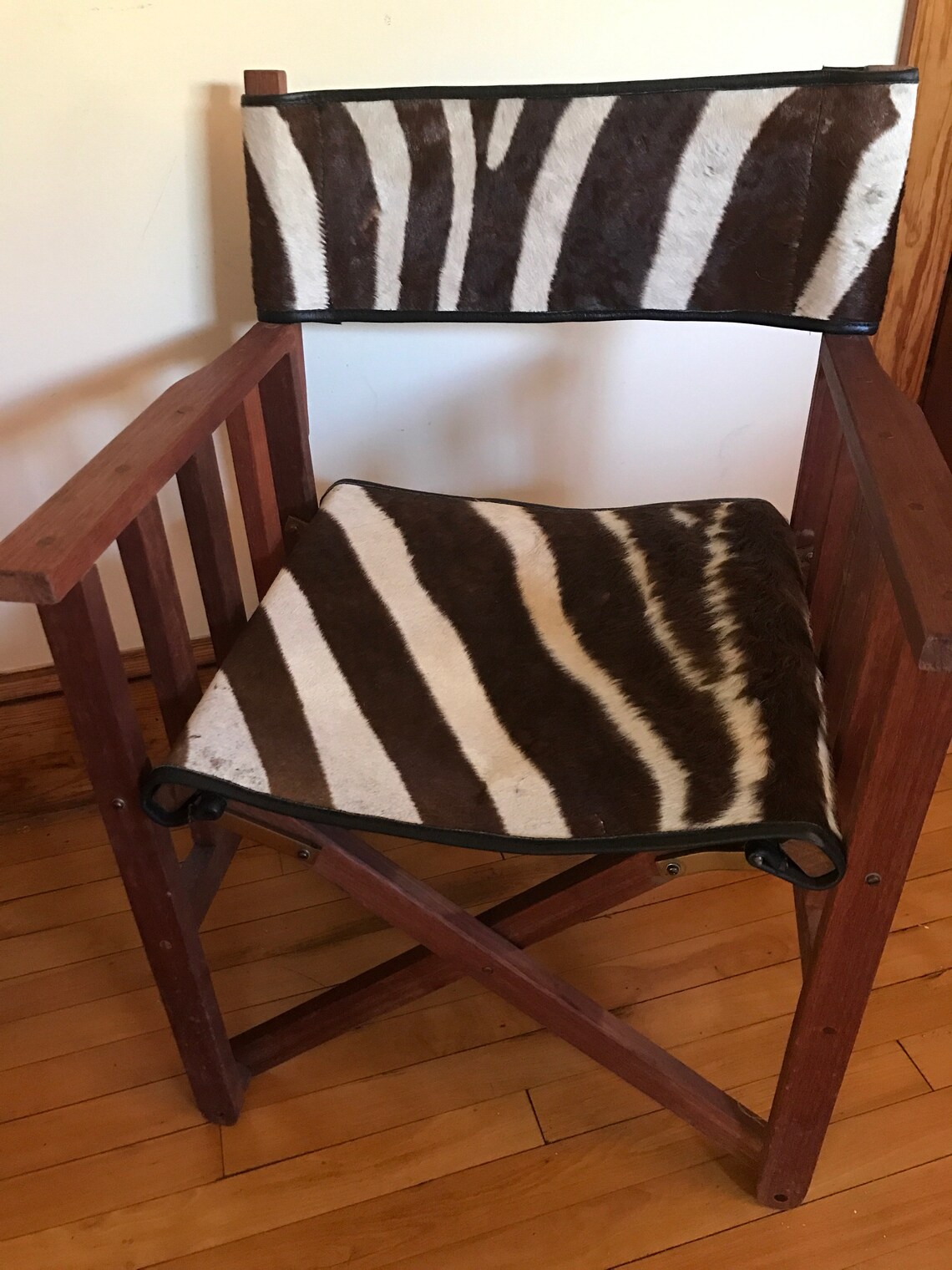 Antique Safari Chair Zebra Leather Director Chair Folding Teak Etsy