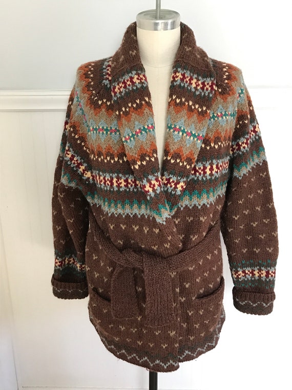 Ralph Lauren Sweater Hand knit Cardigan Shawl Fairisle Indian Blanket Tribal Navajo Wool Southestern Boho Hipster Rare