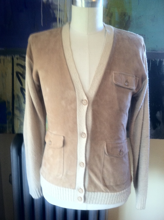 Ralph Lauren Sweater Cardigan Suede Silk Leather e