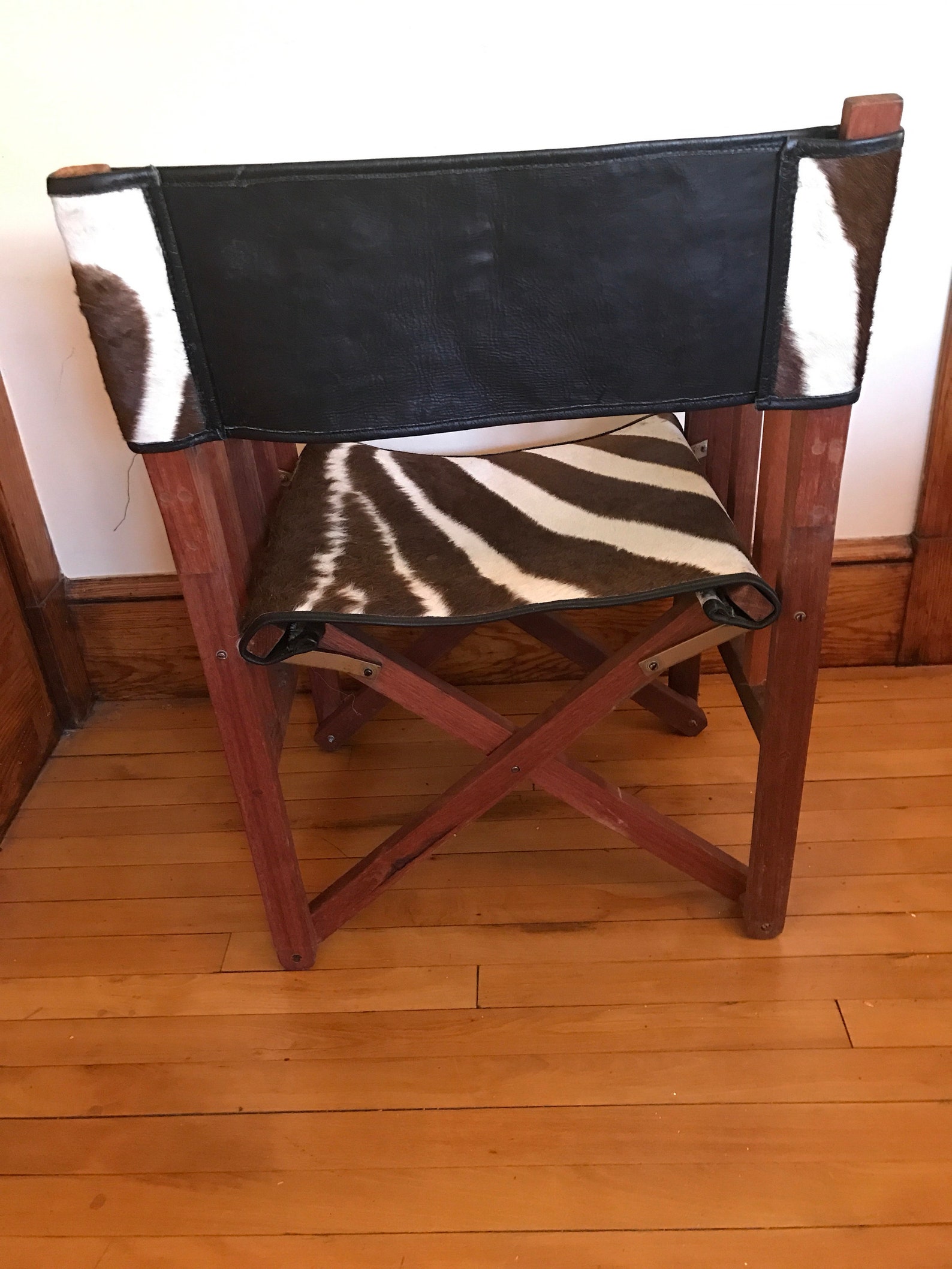 Antique Safari Chair Zebra Leather Director Chair Folding Teak Etsy