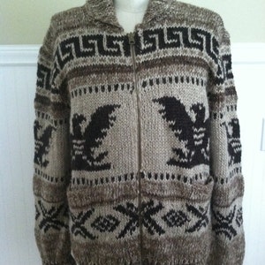 Ralph Lauren Hand knit Sweater Cowichan Zip Front Cardigan Hemp Linen Eagle Native Americana Aztec Men&#39;s Beige Brown Large