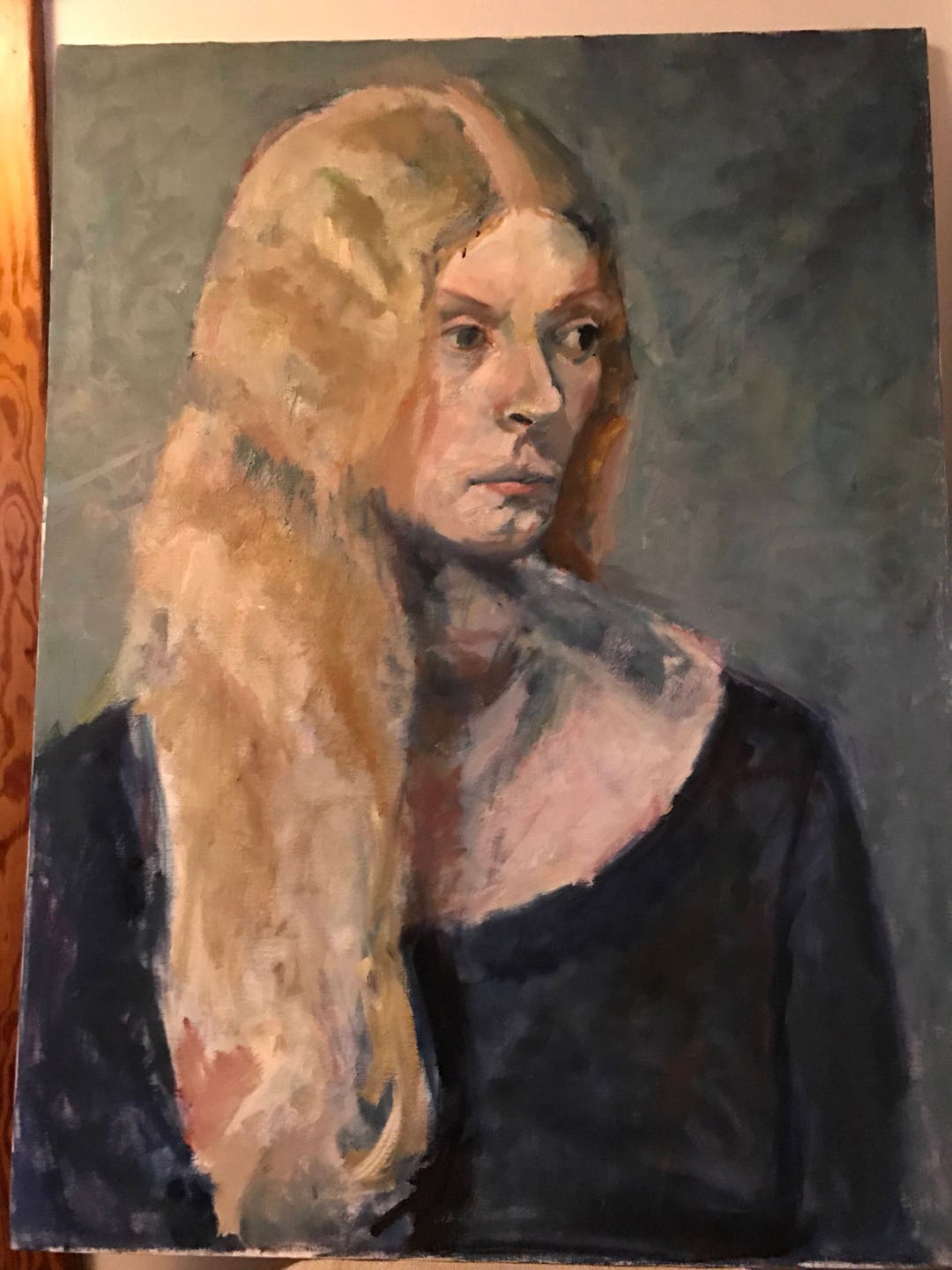 Antique Portrait Painting of A Woman Mid Century Canvas Girl Oil Blue ...
