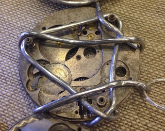 steampunk clockwork pendant necklace aluminum wire sterling chain art sculpture