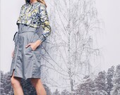 Layered Wind Coat Dress with Gray and Yellow Urban Print, Long Sleeves Dress, Light Coat-SALE 30% OFF