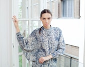 Woman Buttoned Up Shirt \ Blue Printed Oversized Top \ Long Sleeves Shirt
