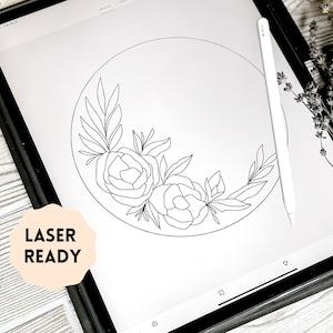 Może przedstawiać: Czarno-biały rysunek liniowy wzoru kwiatowego z dwoma dużymi kwiatami i liśćmi, wewnątrz koła. Wzór znajduje się na białym tle i jest oznaczony jako "Laser Ready".