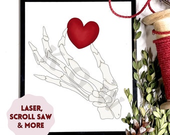 Skeleton with Heart in Hand Digital Cut File for Laser or Scroll Saw | Valentine's Day Skeleton Pattern