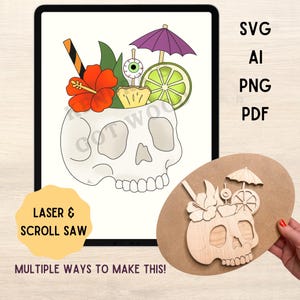 Skull Cocktail or Mocktail, Summerween, Halloween Laser Digital Cut File, Skull Scroll Saw Pattern