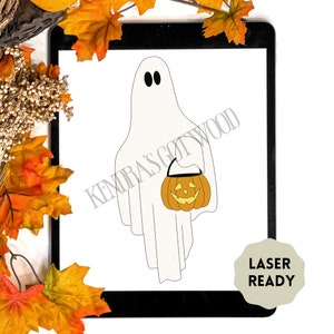 Ghost with Pumpkin Candy Bucket Scroll Saw Template Laser Ready Digital Cut File image 1