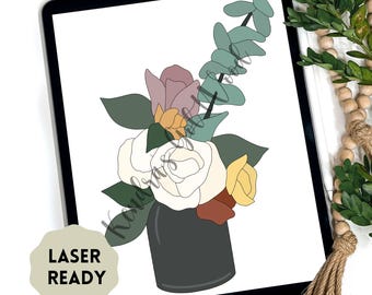 Puede incluir: Una ilustración digital de un ramo de flores en un jarrón. Las flores son blancas, amarillas, moradas y naranjas. El jarrón es gris y tiene un tallo verde.