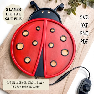 Könnte beinhalten: Fünf-Schichten-Digital-Schnittdatei einer roten Marienkäfer mit schwarzen Punkten und einem schwarzen Kopf. Der Marienkäfer befindet sich auf einer Holzoberfläche. Der Text "SVG, DXF, PNG, PDF" ist in der oberen rechten Ecke des Bildes sichtbar. Der Text "CUT ON LASER OR SCROLL SAW - TIPS FOR BOTH INCLUDED!" ist in der unteren linken Ecke des Bildes sichtbar.
