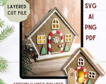 Christmas Gingerbread House Laser Cut File, Layered 3D Holiday Tealight Holder, SVG file with Hinged Door