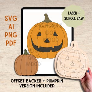 May include: A digital design file for a jack-o'-lantern pumpkin featuring SVG, AI, PNG, and PDF formats. The image displays a large orange pumpkin graphic on a tablet screen, a smaller orange pumpkin, and a light wood cutout of a pumpkin.