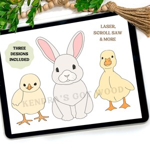 以下が含まれることがあります： レーザーカット、スクロールソーカット、またはその他のクラフトプロジェクト用のデジタルデザイン3つ。デザインには、白いウサギ、黄色のアヒル、黄色のひよこが含まれています。
