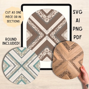 Pode incluir: Arquivos de design digital para um padrão decorativo redondo. O design apresenta um padrão geométrico com detalhes florais em tons de castanho, bege e branco. A imagem inclui o texto "CUT AS ONE PIECE OR IN SECTIONS" e "ROUND INCLUDED!" com formatos de arquivo SVG, AI, PNG e PDF.