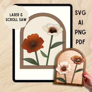 Può includere: Progettazione digitale di due fiori in un arco, uno bianco e uno arancione, con una scultura in legno dello stesso design.