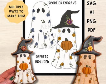 Floral Witch Halloween Ghost, Digital Laser Cut File Bundle, Laser Engraved Flower Ghost SVG Bundle