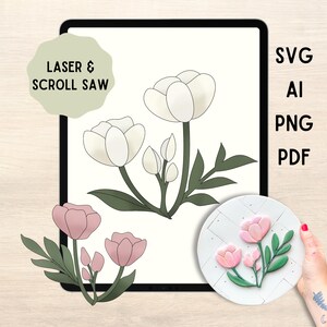 May include: Digital design featuring floral elements. The image includes white and pink flowers, green leaves, and the text "LASER & SCROLL SAW". Also includes file type options: SVG, AI, PNG, and PDF.