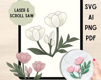 Diseño de archivo de corte digital con láser y sierra de calar, con flores minimalistas y tulipanes florales