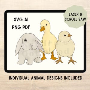 May include: A digital illustration of a gray bunny, a yellow duck, and a yellow chick. The animals are facing forward and are standing on a white background. The text "SVG AI PNG PDF LASER & SCROLL SAW INDIVIDUAL ANIMAL DESIGNS INCLUDED" is at the bottom of the image.