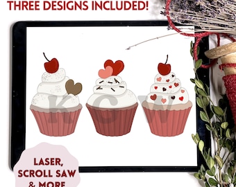 Valentine's Day Cupcakes Digital Cut File Set for Laser and Scroll Saw | Valentine's Day Pattern