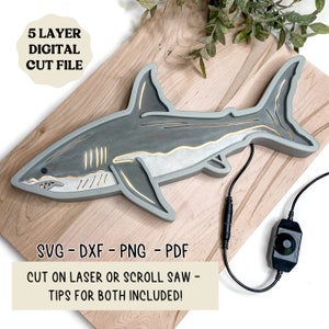 Shark Light Cut File | Layered Digital Cut Pattern for Lightup Shark Sign | Scroll Saw & Laser Template SVG