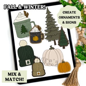 Cozy Bundle, Fall and Winter, Beanie, Hot Cocoa, Tree, Pumpkin Digital Cut File | Laser Ready Scroll Saw Pattern