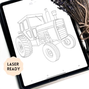 Puede incluir: Ilustración en blanco y negro de un tractor en una tableta digital. El tractor presenta ruedas grandes y componentes mecánicos detallados. Las palabras "LASER READY" están en un círculo color melocotón en la esquina inferior izquierda.